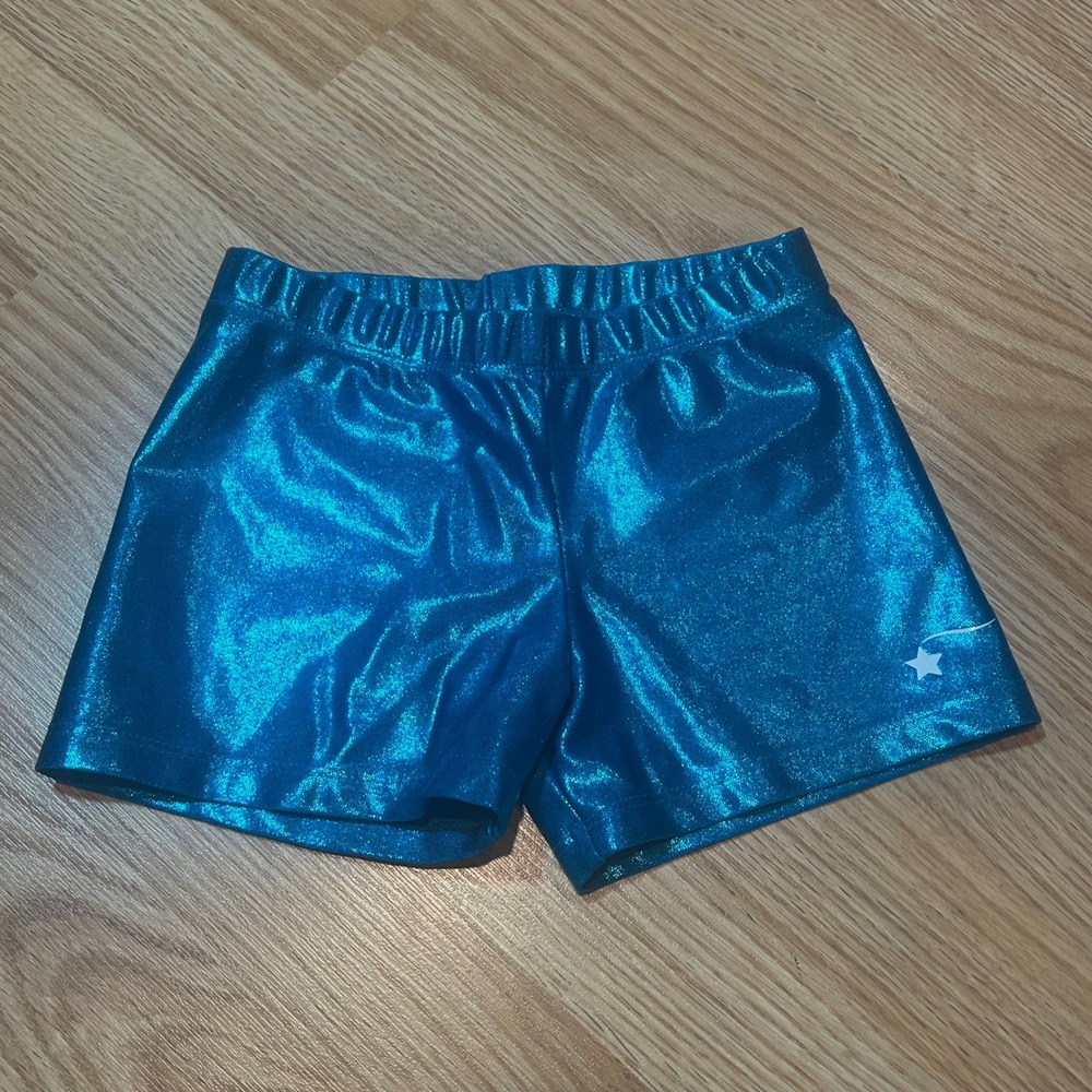Destira Girls XL Turquoise Blue Metallic Gymnastics Shorts Sparkly Star Logo